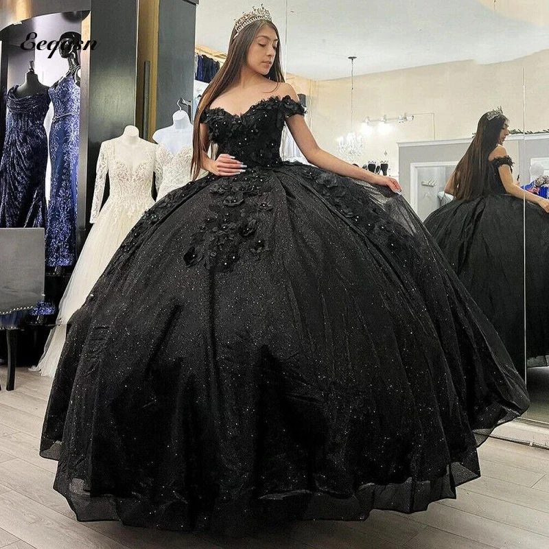 Sparkly Black Quinceanera Dresses with 3D Flowers Applique Corset Customized Ball Gown Sweet 16 Dress Vestidos de XV años