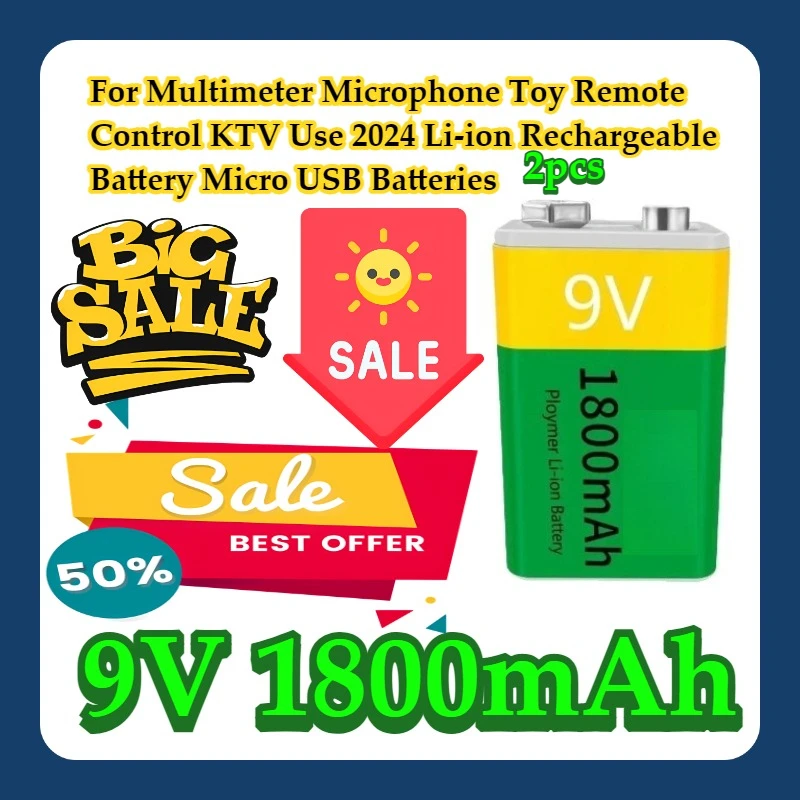 

2pcs For Multimeter Microphone Toy Remote Control KTV Use 2024 9V 1800mAh Li-ion Rechargeable Battery Micro USB Batteries