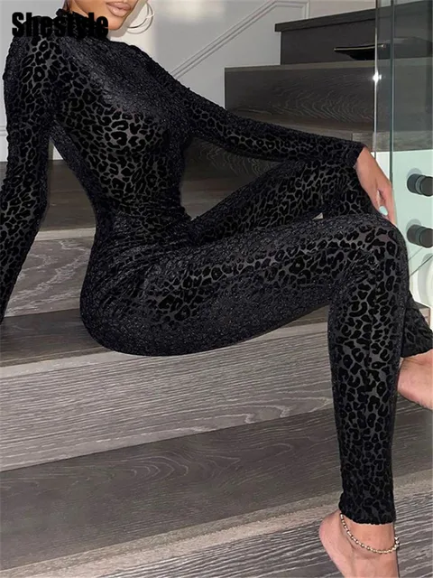 Shestyle Leopard przezroczyste kombinezony damskie obcisłe zamki z tyłu Mock Neck czarny seksowny 2021 gorący nadruk zwierzęcy Slim Clubwear Fitness