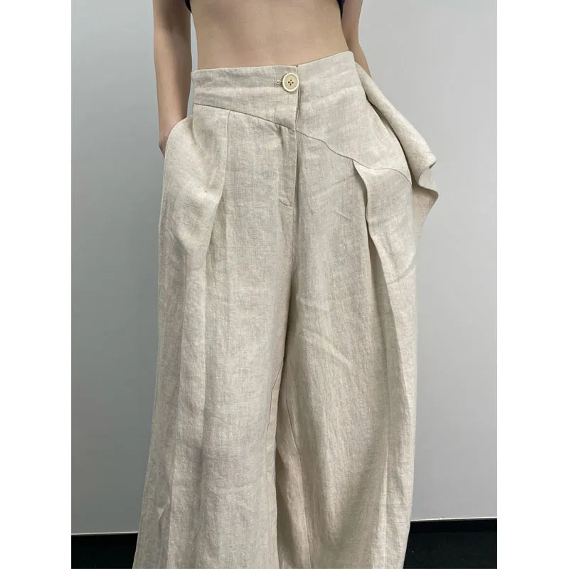 Pantaloni larghi pieghettati a gamba larga pantaloni larghi in lino abbigliamento Casual da donna