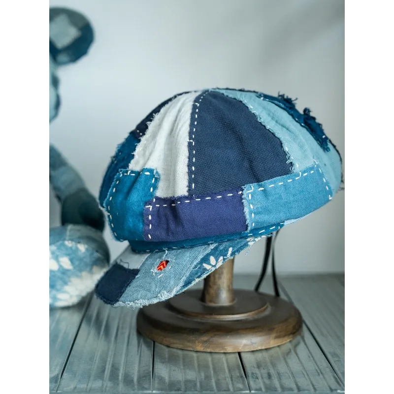 

High Street Japanese Style Vintage Fashion Indigo Hats Men Women Antique Embroidered Patch Comfortable Hat Newsboy Caps