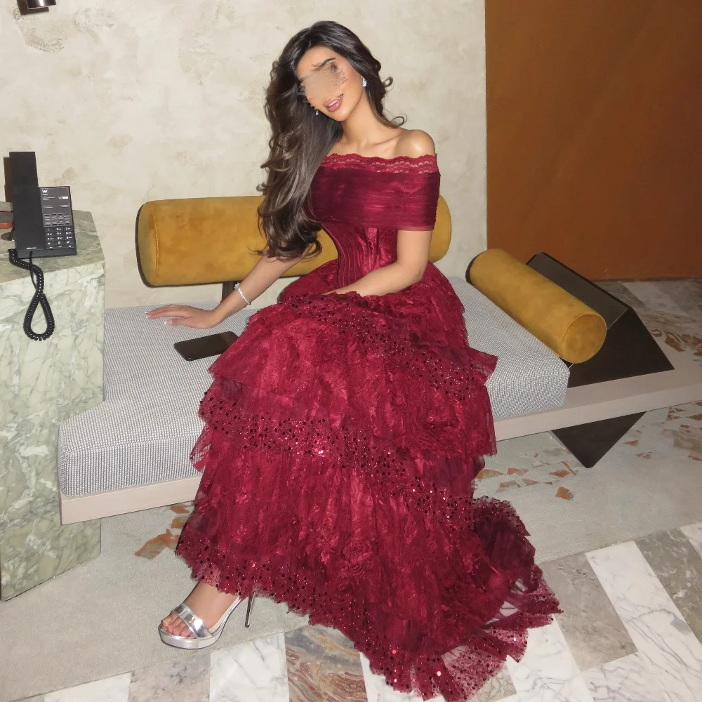 

Customized Tulle Pleat Luxury Sparkle Lace Tiered Beading Sequined A-line Off-the-shoulder Floor-Length Evening Dresses Pastrol
