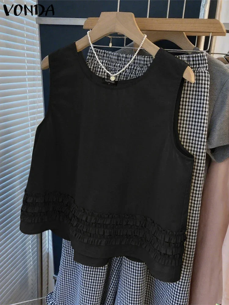 

2025 VONDA Summer Women Tank Tops Sleeveless Tunic Fashion Casual Solid Color Ruffled Shirts Round Neck Loose Sweet Korean Blusa