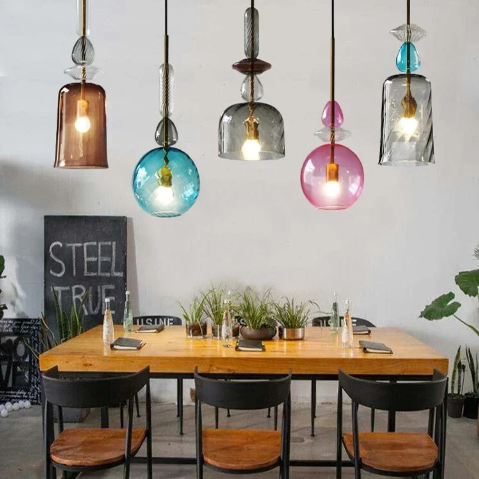 Nordic Creative Colorful Lustre Pendant Light Postmodern Lamps Decor For Bedroom Bedside Bar Table Candy Style Glass Droplight