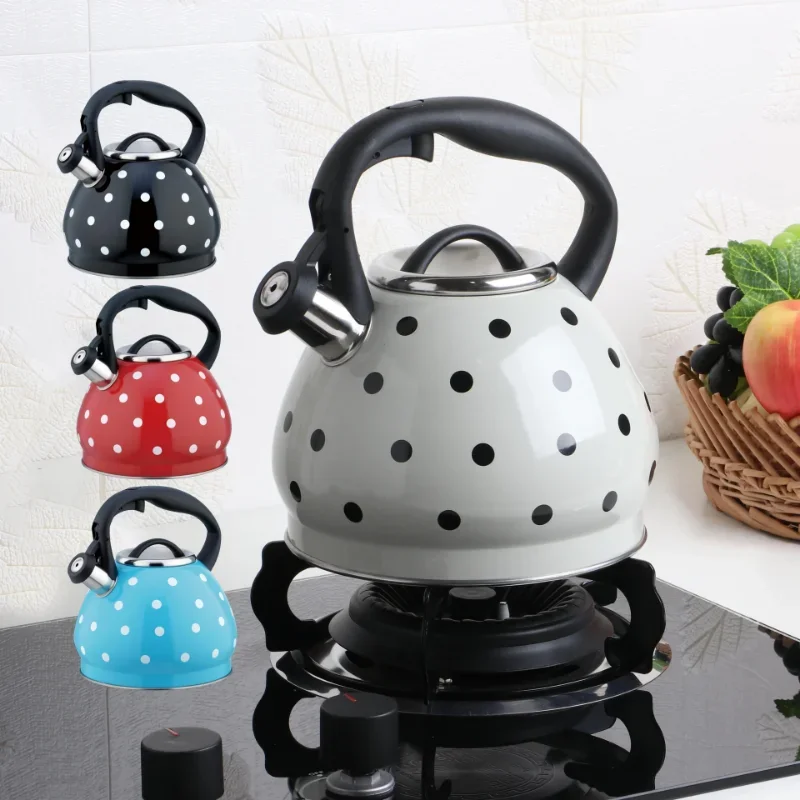 Large 3L Polka Dot Stainless Steel Whistling Kettle Compatible with Electric and Gas Stoves Boil Alert Feature