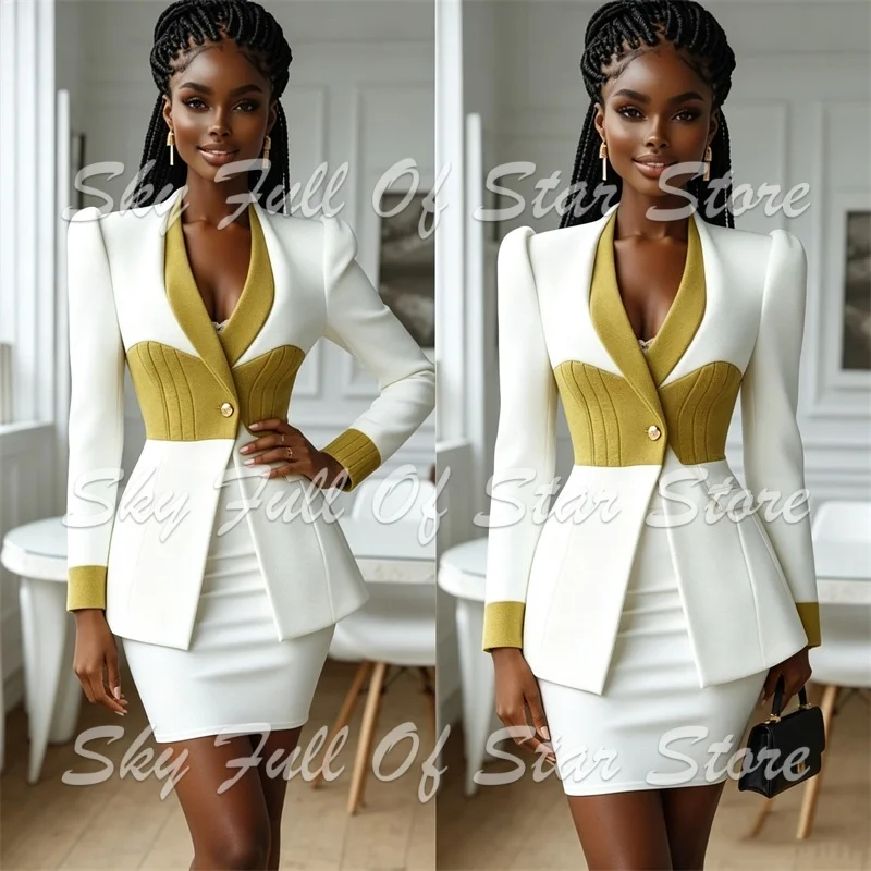 White Women Suit Set 2 Pcs Gold Long Sleeve Peplum Blazer And Mini Pencil Skirt Custom Formal Wedding Party Business Lady Jacket