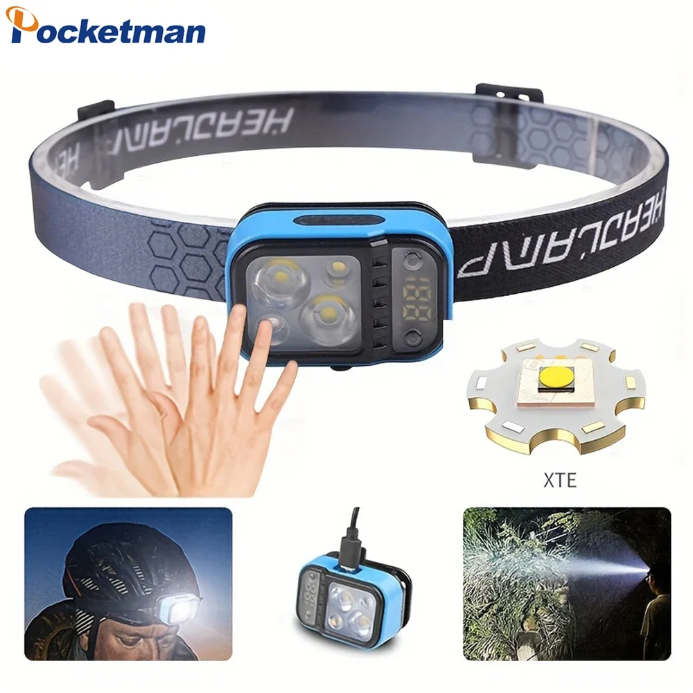 USB Rechargeable XTE LED Headlamp with Motion Sensor Digital Power Display Headlight Perfect For Hunting Fishing Running Camping
