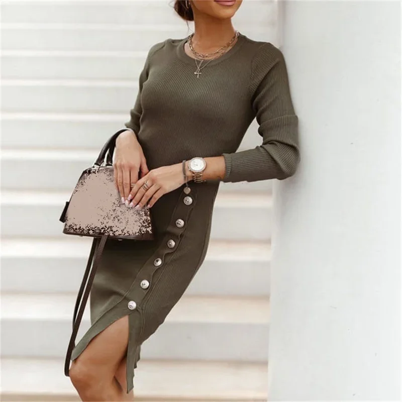 

Button Splicing Split Hem Fashion Dresses Women British Style Autumn Knitted Pit-stripe Dress Elegant Evening Slim Wrap Hip Gown