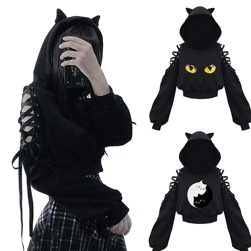 Women Long Sleeve Hoodies Kawaii Cat Ears Hoodie Gothic Punk Harajuku Cold Shouler Bandage Gothic Black Sweatshirts 2022