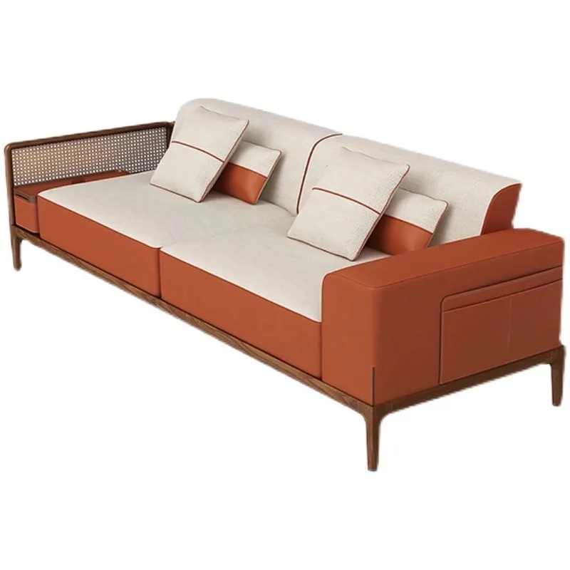 Italian Luxury Corner Sofa Sectional Genuine Synthetic Leather Simple Orange Finish Solid Wooden Office Furniture Set for Living