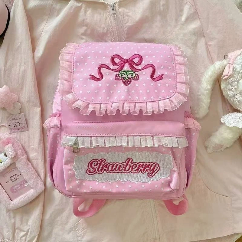 Japanese Y2K Lolita Backpack Harajuku Sweet Pink Strawberry Bow Embroidered Lace  Bag Kawaii  Casual Waterproof Nylon Backpack.