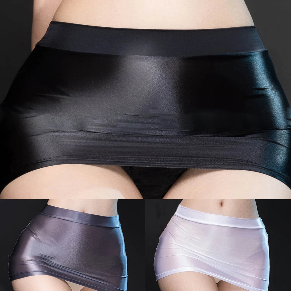 Fashion Women Glossy Elastic Bodycon Skirts Low Waist Short Sheer Llingerie Clubwear Ladies Sexy Shiny Mini Skirt