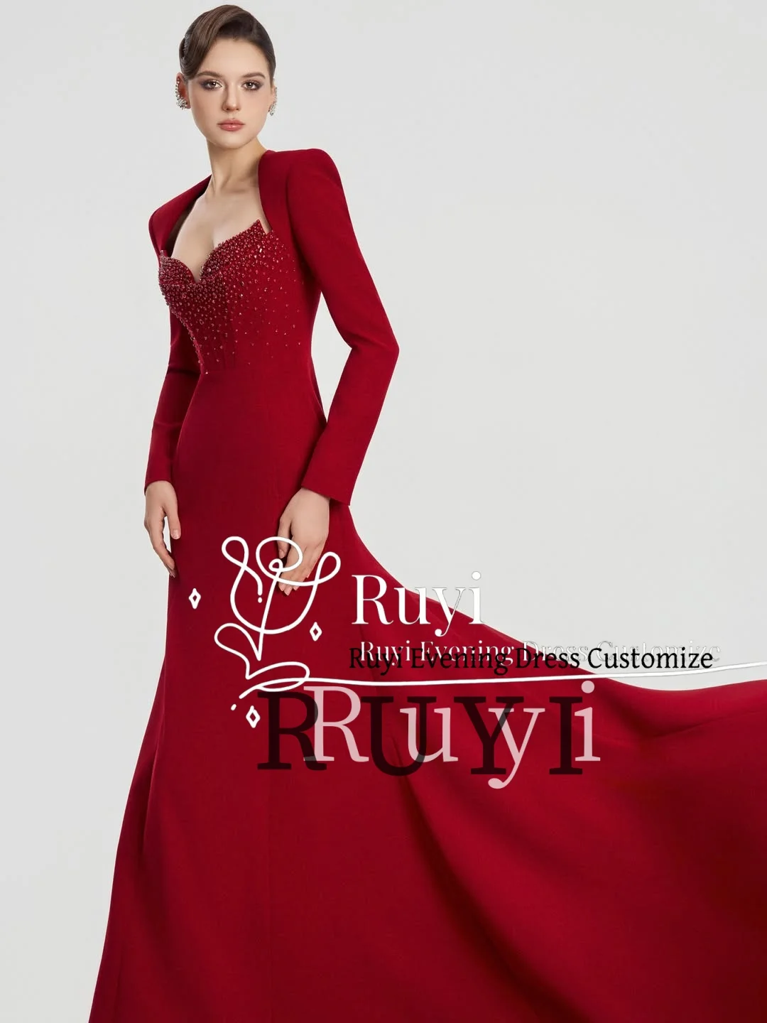 Maßgeschneiderte Abendkleider mit langen Ärmeln und Perlen in Rot, herzförmiger Ausschnitt, elegantes Partykleid, wunderschönes Hochzeits- und Ballkleid. – Detail 1