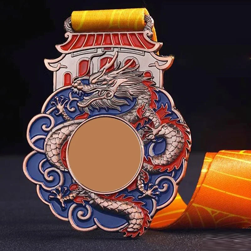 Chinese Style Retro Creative Dragon Shaped Metal Medal, Competition Gold Silver Copper Medal, Hanging Around the Neck Decor, 2Pc