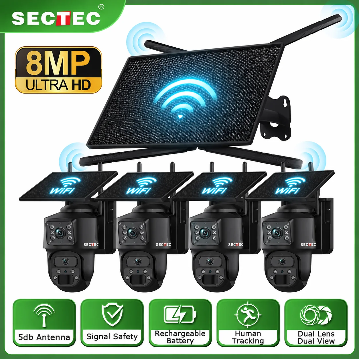 SECTEC 4G WiFi Solar Router 10W WiFi Range Coverage 50M with SIM Card Slot + 4 Dual Cameras WiFi PTZ Solar Security Camera IP66