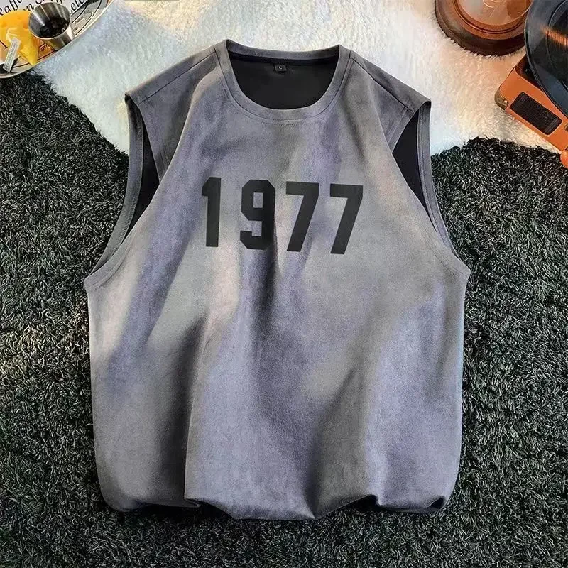 Korean suede vest men\'s summer American retro sleeveless casual loose t-shirt sports versatile ins top men clothing y2k tops emo