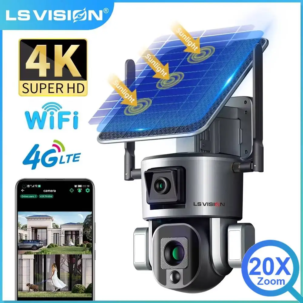 

LS VISION 4K Dual Lens Scrceen Preview 4G Солнечная камера Открытый WIFI 20-кратный оптический зум Двустороннее аудио Цветная камера ночного видения CCTV