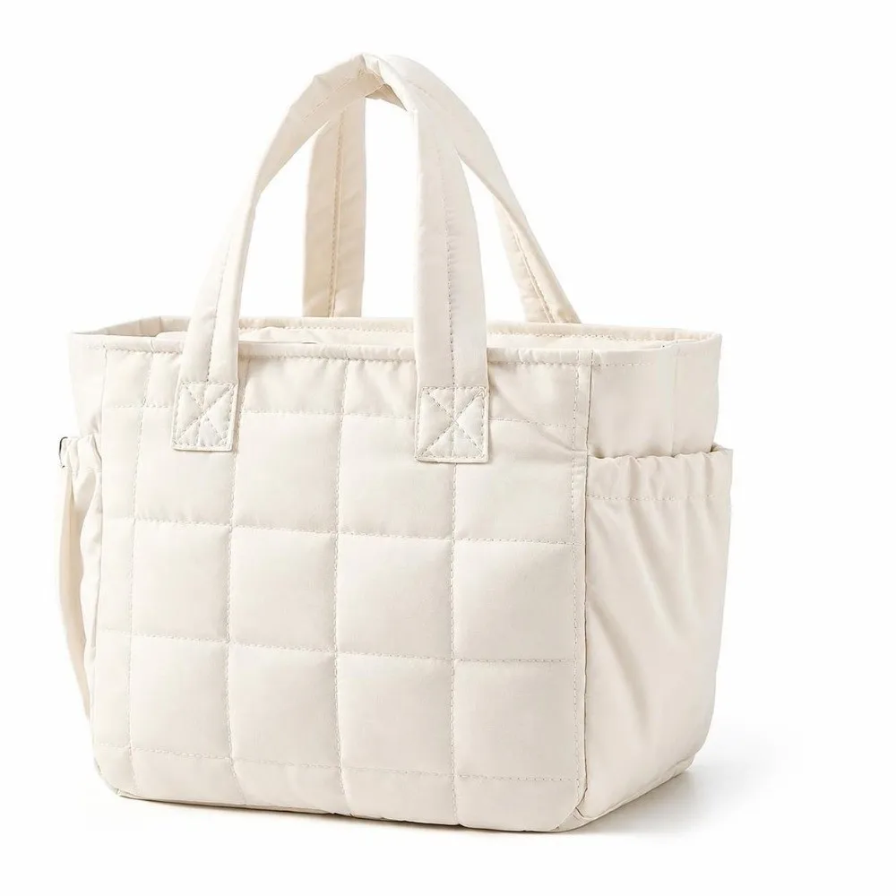 Portable Quilted Lunch Bag Lightweight Solid Color Insulated Handbag Large Capacity Reusable Tote Bag for Women
