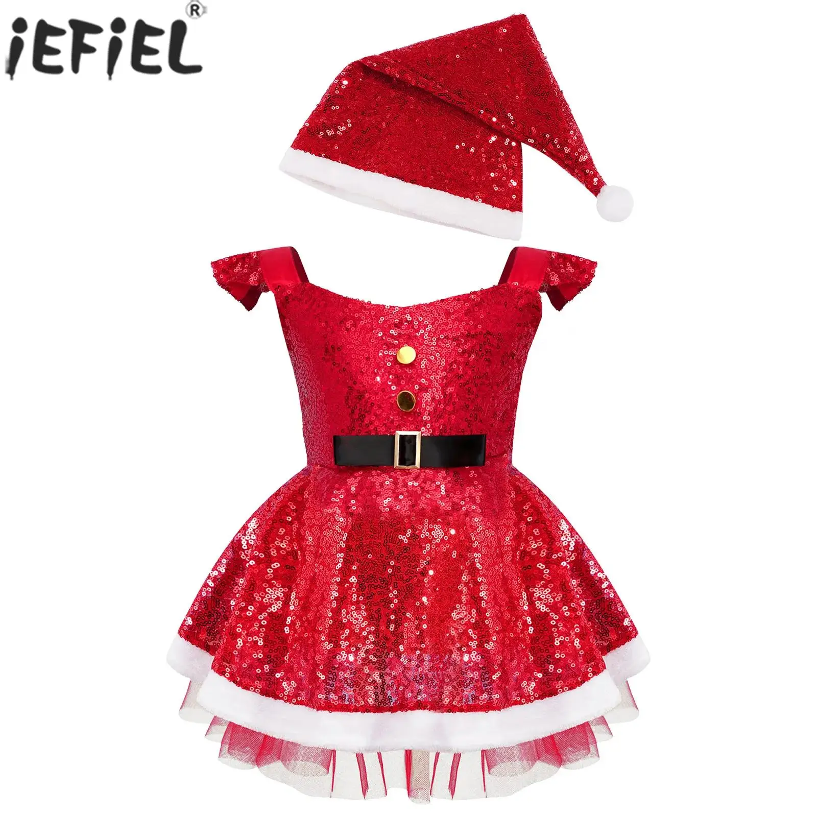 Girls Christmas New Year Party Dance Dress Xmas Halloween Carnival Santa Claus Cosplay Costume Shiny Sequin Mesh Tutu with Hat