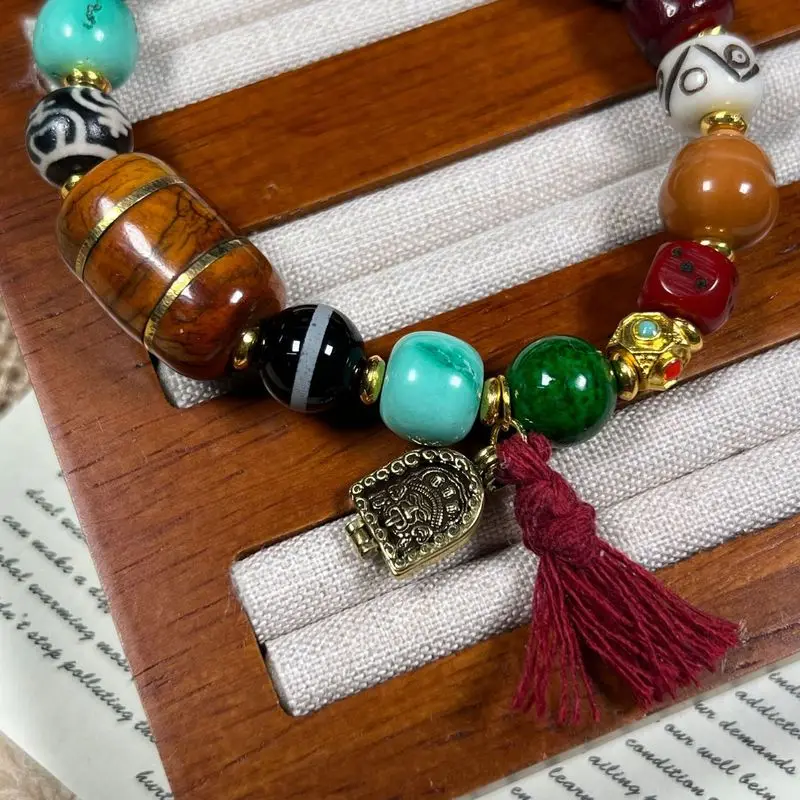 Multi-Bead Bracelet, Single-Strand, Made Of Yak Bone, Dice-Shaped, With Eight Trigrams, Featuring Coconut And Agate Be