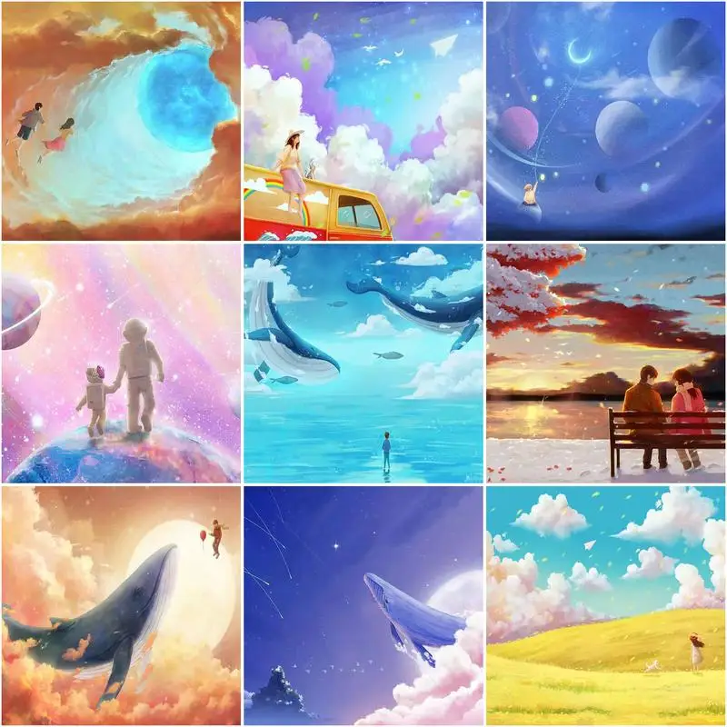 

RUOPOTY Frame Picture 20x20cm Diy Painting By Numbers Whales Sky Scenery Picture By Numbers Wall Decoration For Kids Gift