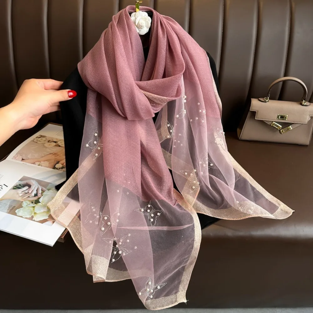 

Модный роскошный шелковый шарф со стразами, мягкий жемчужный хиджаб с бабочкой, шали, тонкий блестящий кружевной шарф, головной платок