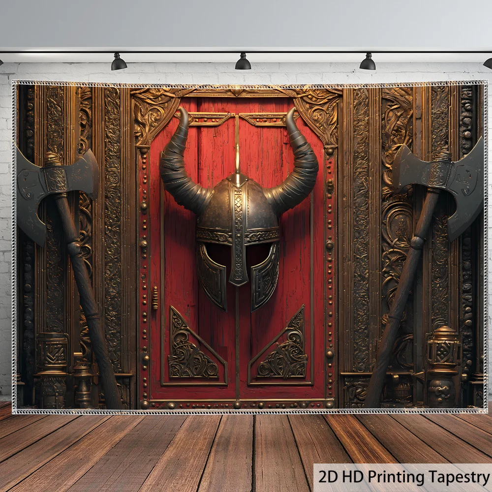 1pc Extra Large Viking Tapestry - Norse Warrior Decor with Battle Axe & Helmet in Red & Golden - HD Digital Print Wall Hanging