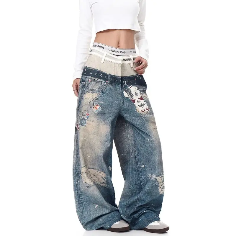 Men's Fashionable Printed Pattern Jeans Street Sweatpants Unisex Retro Style Trousers Boys Bottom Male High Waist Blue Pants