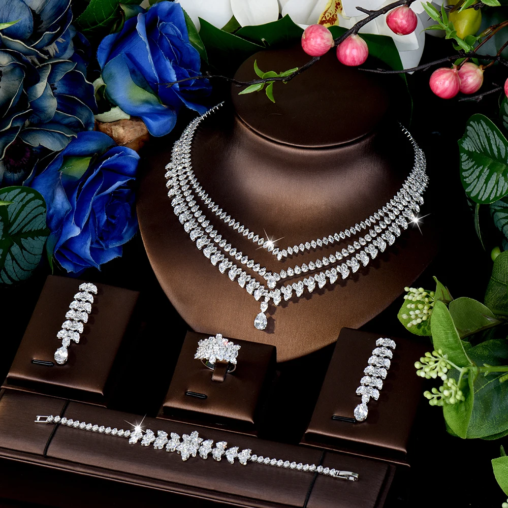 

HIBRIDE New Light Luxury Exquisite Triple Tassel Necklace Earrings Bracelet Set Women's Dress Jewelry Dubai Wedding Gift S-972