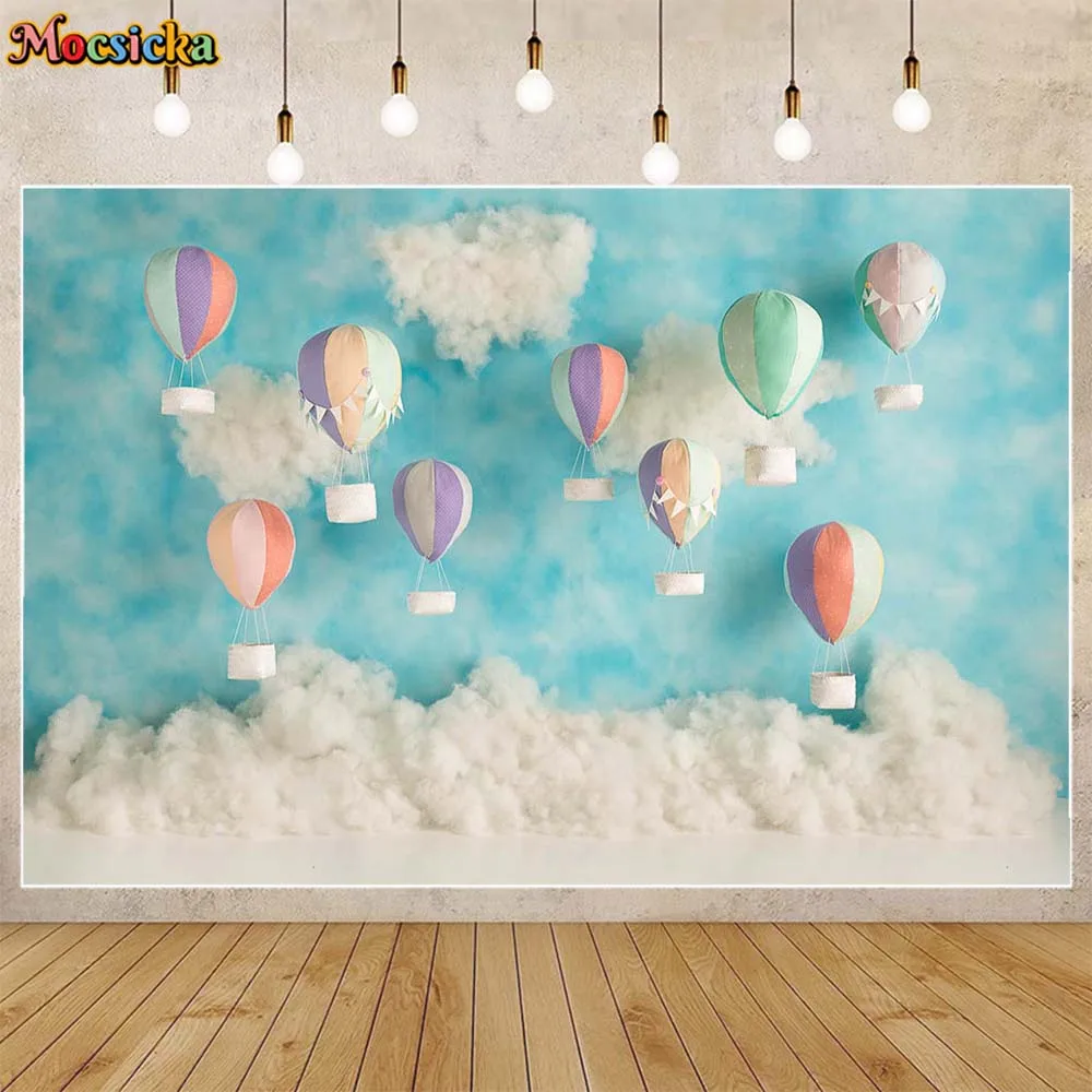 

Mocsicka Newborn Photography Background Hot Air Balloon Blue Wall Kids Birthday Cake Smash Party Decor Backdrop Photoshoot Props