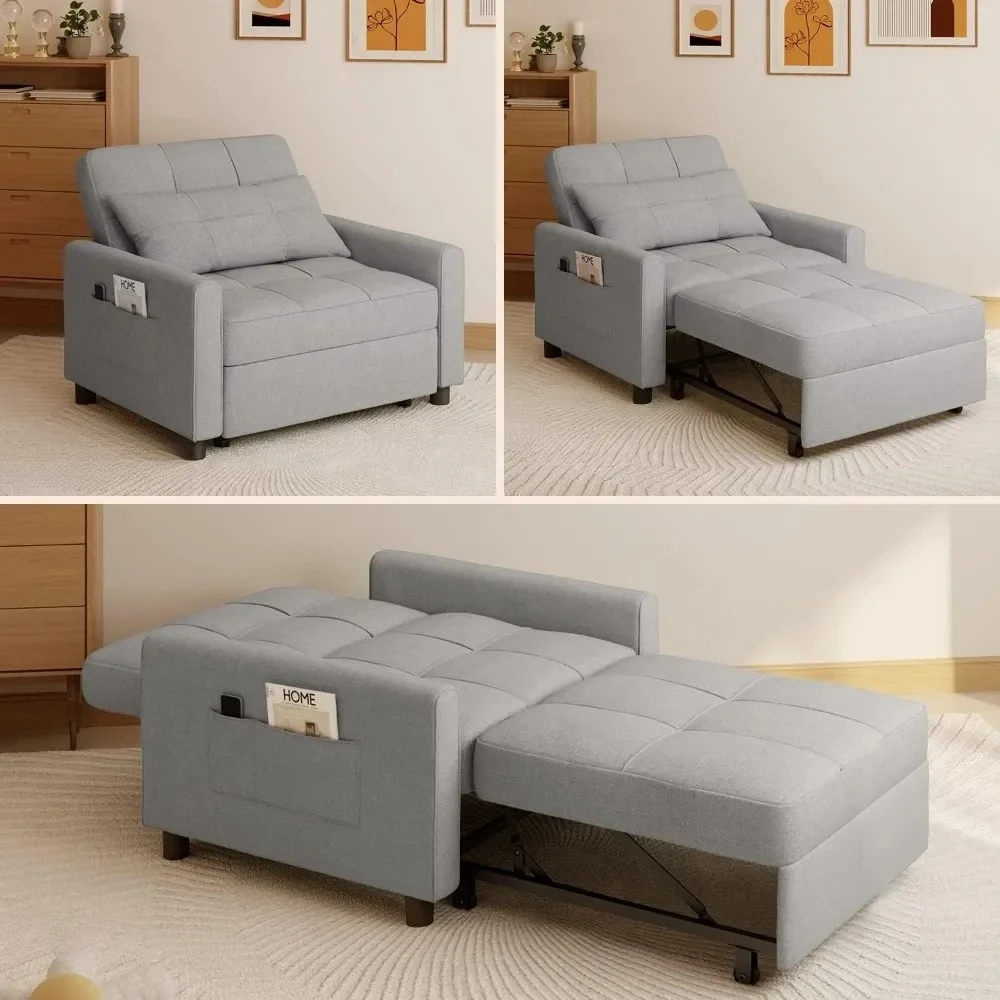 L # Sleeper Sofa Chair Bed, Convertible Sofa Chair 3-in-1, Adjustable Sleeper Chair Pullout Sofa Bed With Modern Linen Fabric