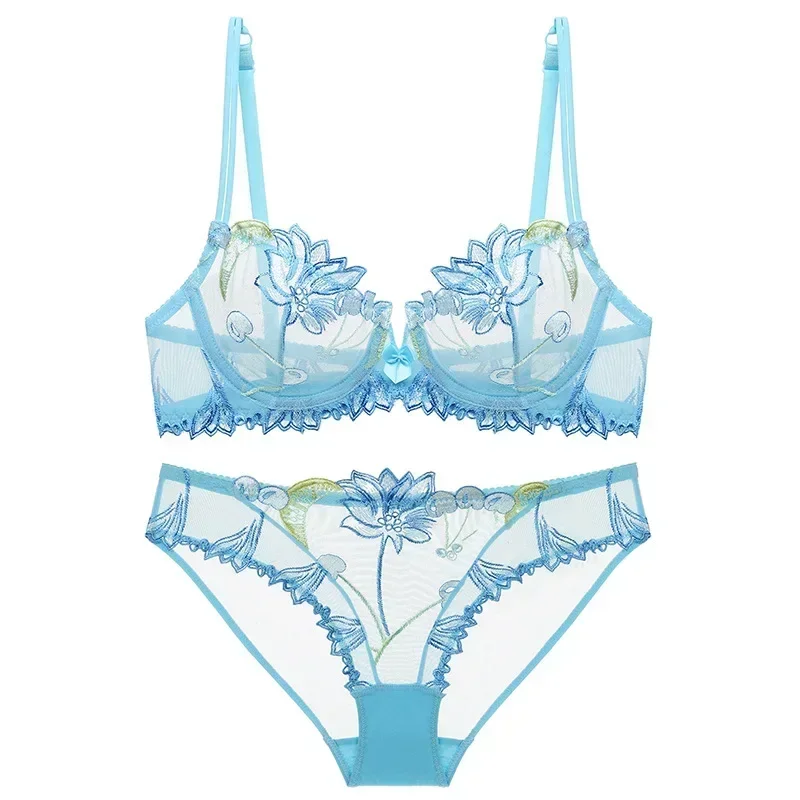 

Sexy Pure Desire Lace Bra Set Women French Small Chest Gathering Ultra Thin Underwear Female Romantic Embroidery Intimates Suit