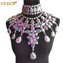 CuiEr 2pcs/Set Crystal AB Big Pendent Necklace Choker Drag Queen Jewelry Sets for Women huge crystal statement jewels