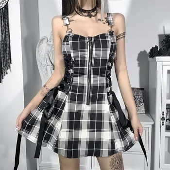 Spice Girl temperament slim plaid dress fashion casual sexy zipper design sense of short skirt women