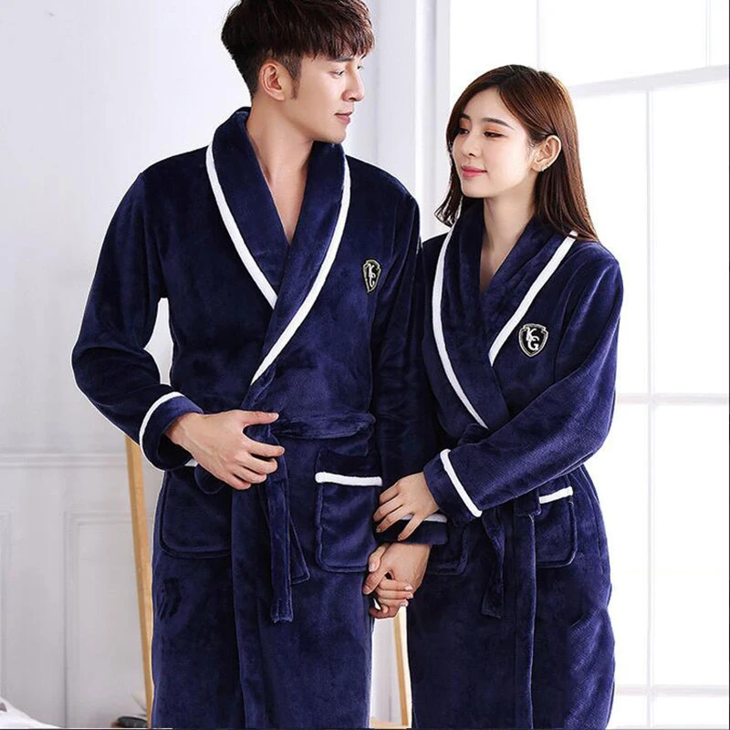 Flannel Nightwear Kimono Bathrobe Gown Autumn Winter Couple Robe Sleepwear with Pocket Loose Coral Fleece Home Wear Lounge Wear