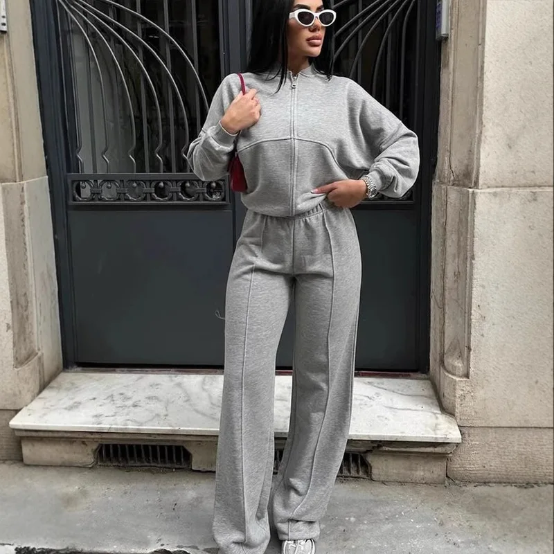 QICHE 2026 Autumn‑Winter Womens American Fashion Two‑Piece Set Street‑Vibe Open‑Front Cardigan Top And Casual Long Trousers