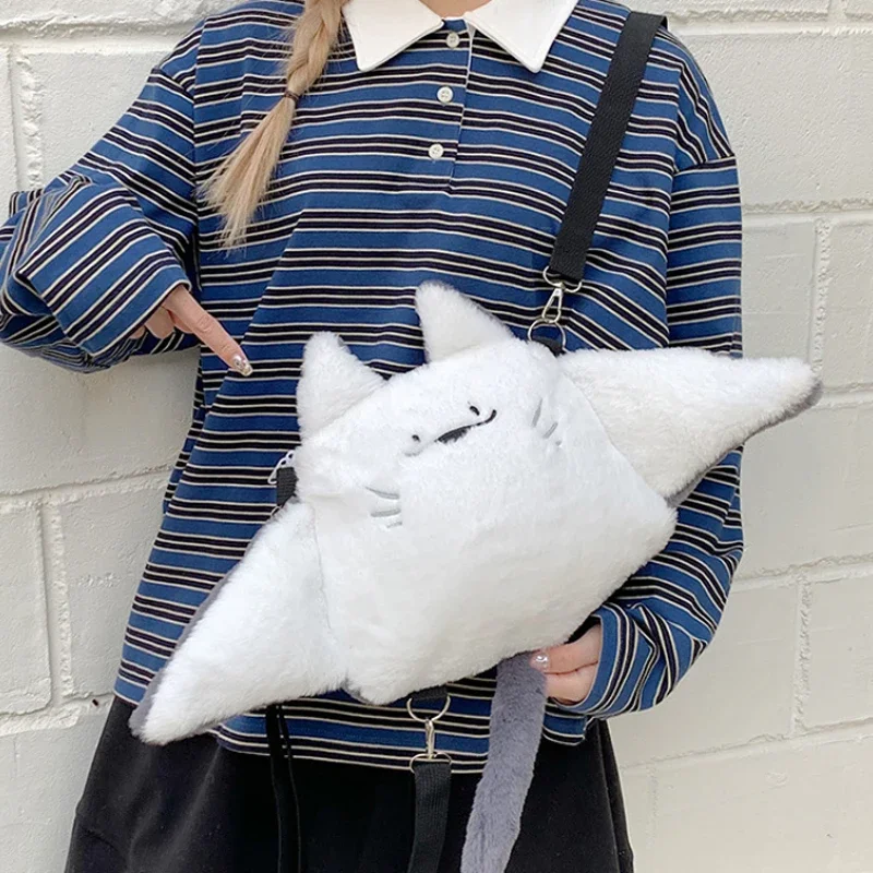 Kawaii Devil Fish Shaped Plush Backpack Women's Soft Fluffy Plush Shoulder Bag Casual Animal Student Backpack Stylish Backpack