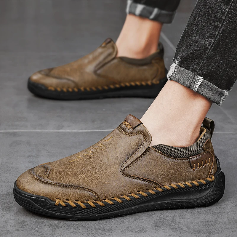 

2025 Luxury Men's Belgian Loafers Leather Slip-On Design Non-Slip Sole for Smart Casual handmade sewing shoes men