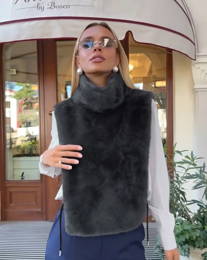 Women Faux Mink Fur Vests Coats Solid Fur Jackets Lace Up Cotton Linen Turtleneck Sleeveless Loose Fit Casual 2026 Autumn Winter