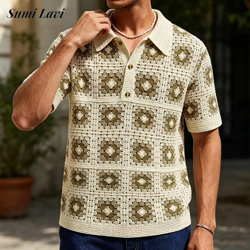 2026 Summer New Casual Mens Hollow Out Shirts Vintage Turn-down Collar Button Cardigans Men Fashion Florals Crochet Shirt Tops