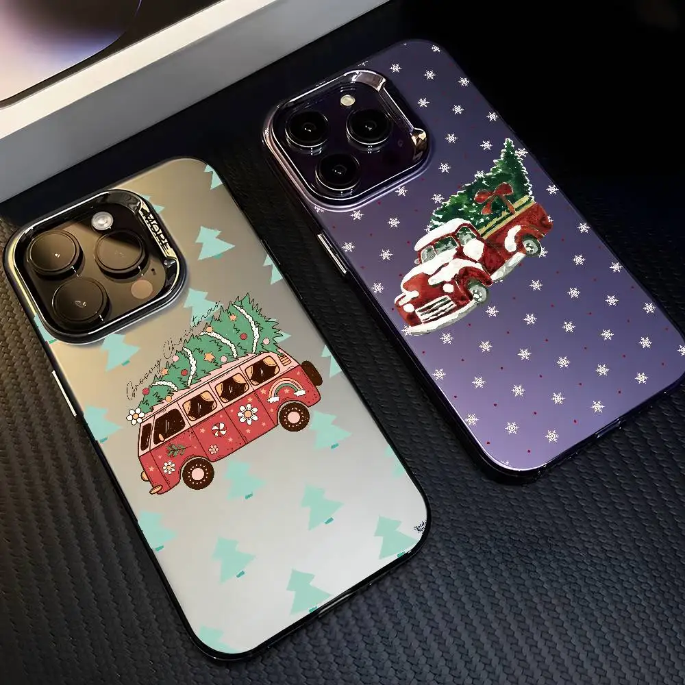 Caminhão dos desenhos animados caso de telefone natal para iphone 17 16 15 14 13 12 11 pro max ar multicolorido fosco laser metálico aurora funda
