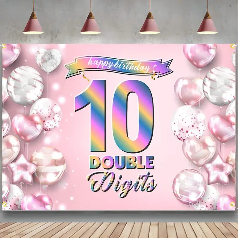 Happy 10th Birthday Banner Backdrop Rainbow Gradient Double Digits 10 Years Old Pink Bday Decorations Photography Party boy girl