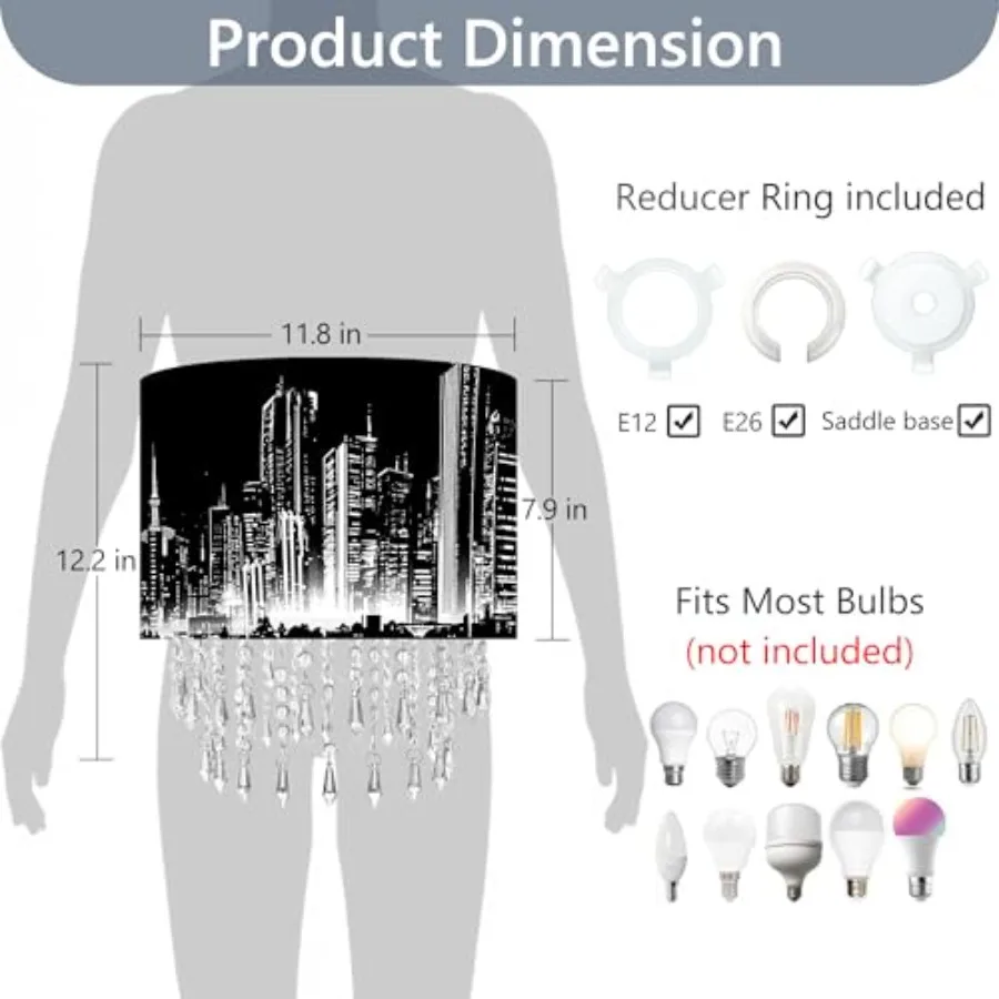Skyline Lamp Shade with Acrylic Bead Droplets, Black and White Drum Fabric Light Shade for Ceiling Pendant Table and Floor Lamp
