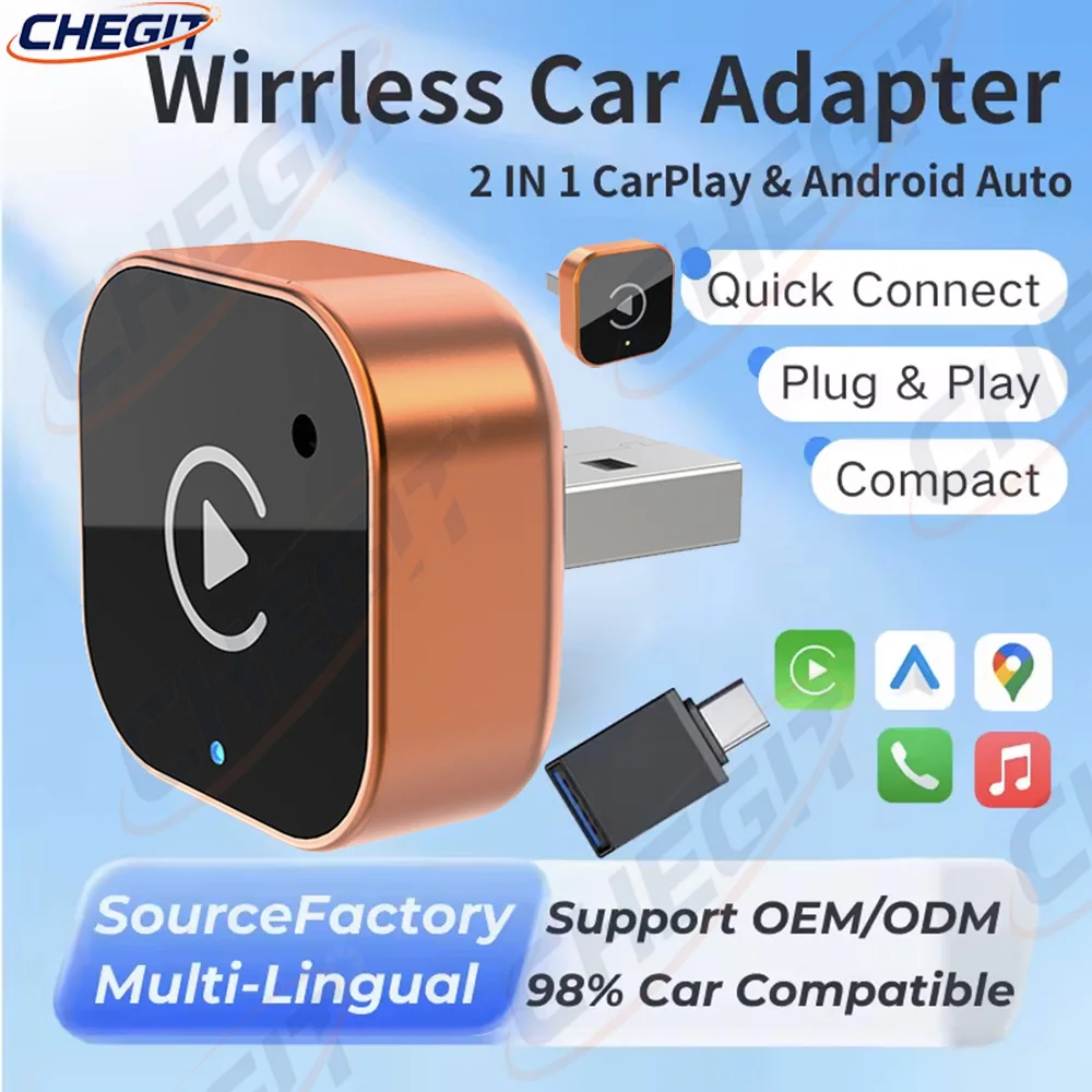 

2026 Беспроводной адаптер Carplay Box 2-в-1, Android Auto, ультра мини-беспроводной адаптер CarPlay Plug and Play