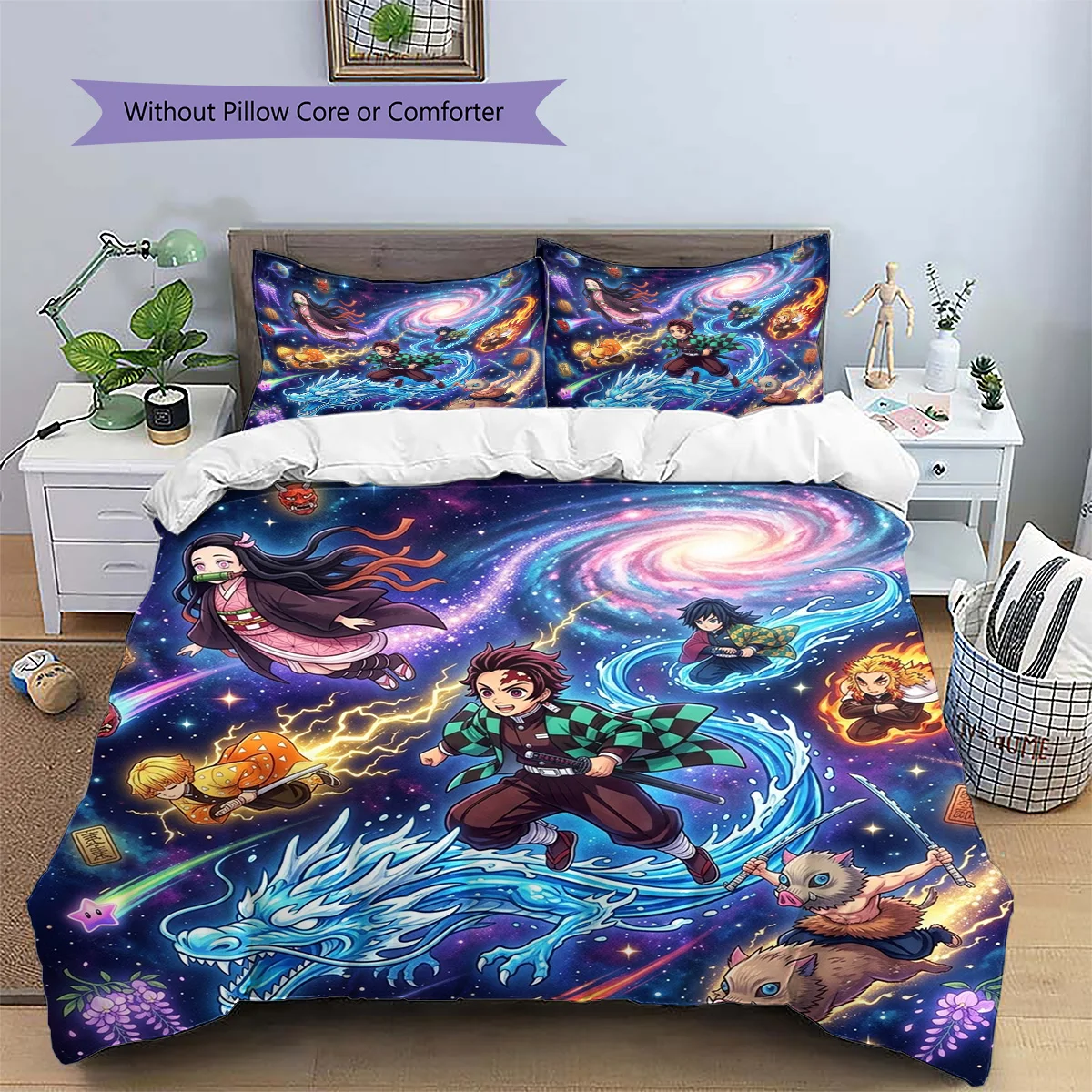 Demon Slayer Tanjiro Patterned Pillowcase & Duvet Cover Set Decorative Bedding with Anime Theme Bedroom Gift for Lovers.-TING