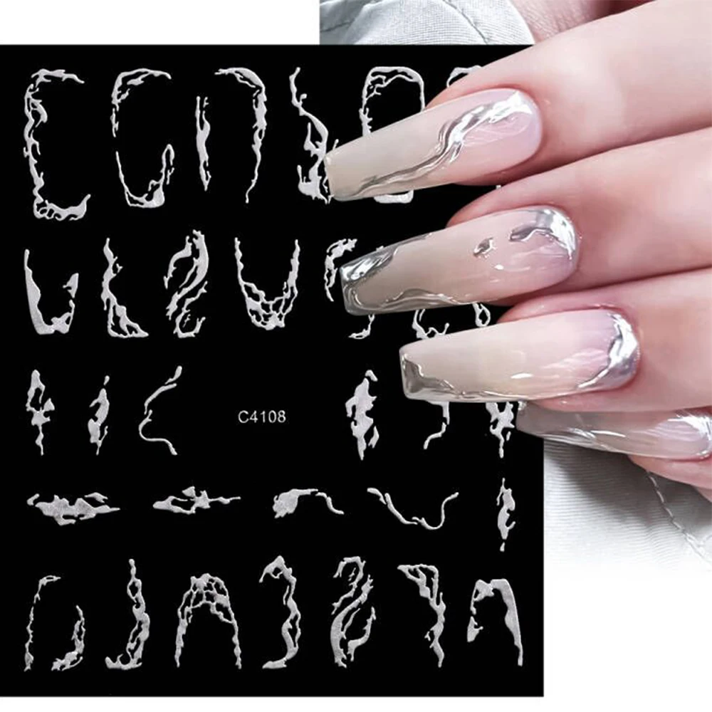 

3D Metallic Silver Stripe Nail Stickers Flame Curve Lines Nails Gel Sliders Gold Bronzing Design Abstract Marble Nail Art Decals