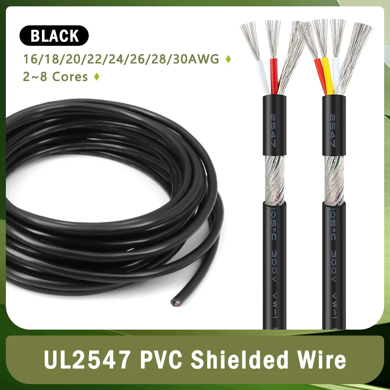 Black UL2547 PVC Shielded Wire  30 28 26 24 22 20 18 16AWG Signal Shielded Cable 2 3 4 5 6 7 8Cores Channel Audio Line 1-10M