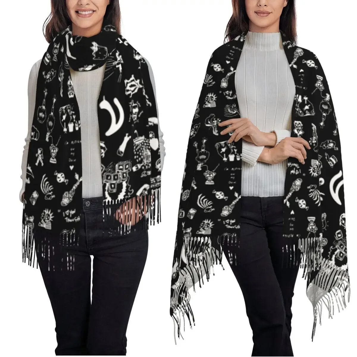 Yungblud رسومات ورقة الوشم وشاح شرابة الأوشحة للنساء شالات دافئة ناعمة ويلتف كبير الخريف الشتاء شال التفاف #2