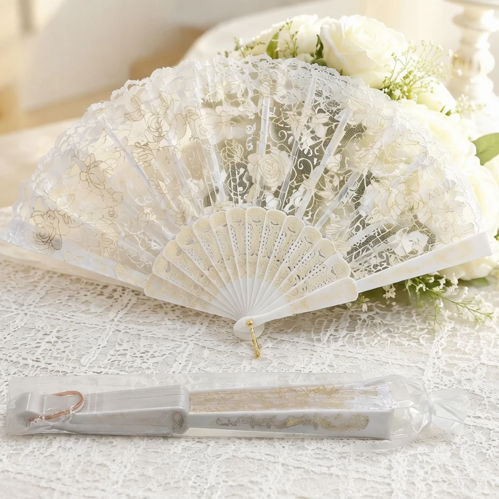 White Lace Floral Hand Fan Set Elegant Rose Print Favors with Tassels & Tags Perfect for Wedding Bridal Shower & Party Gifts TMZ