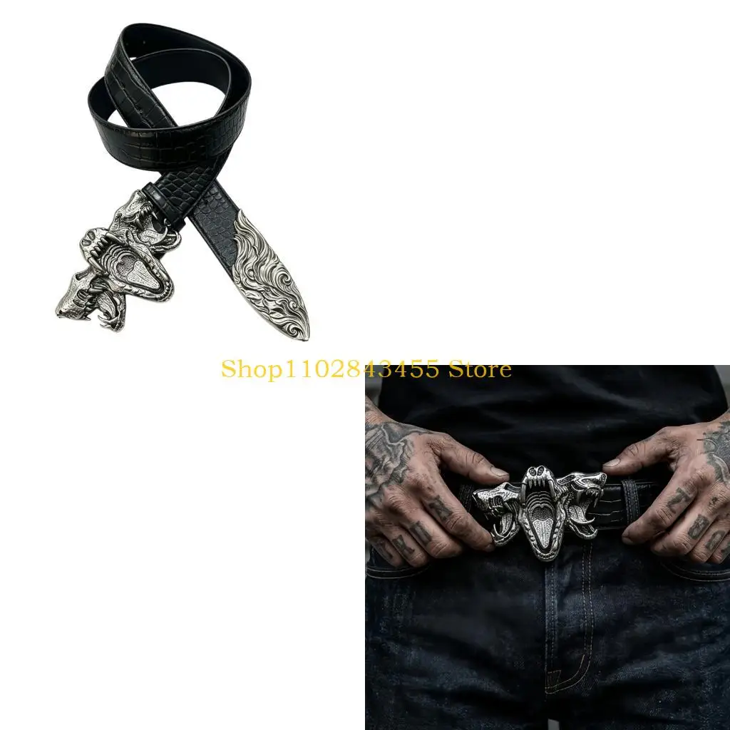 49MC Decorative Waist Belt with Embossed Texture, Black PU Waist Strap and Metal Buckles Waistband for Outfit Styling Punk Waist